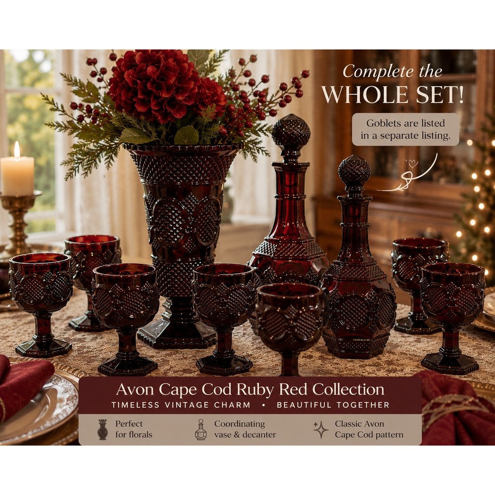 Avon 1876 Cape Cod Ruby Red Glass Vase and Decanter with Stopper Set 2pc Vintage
